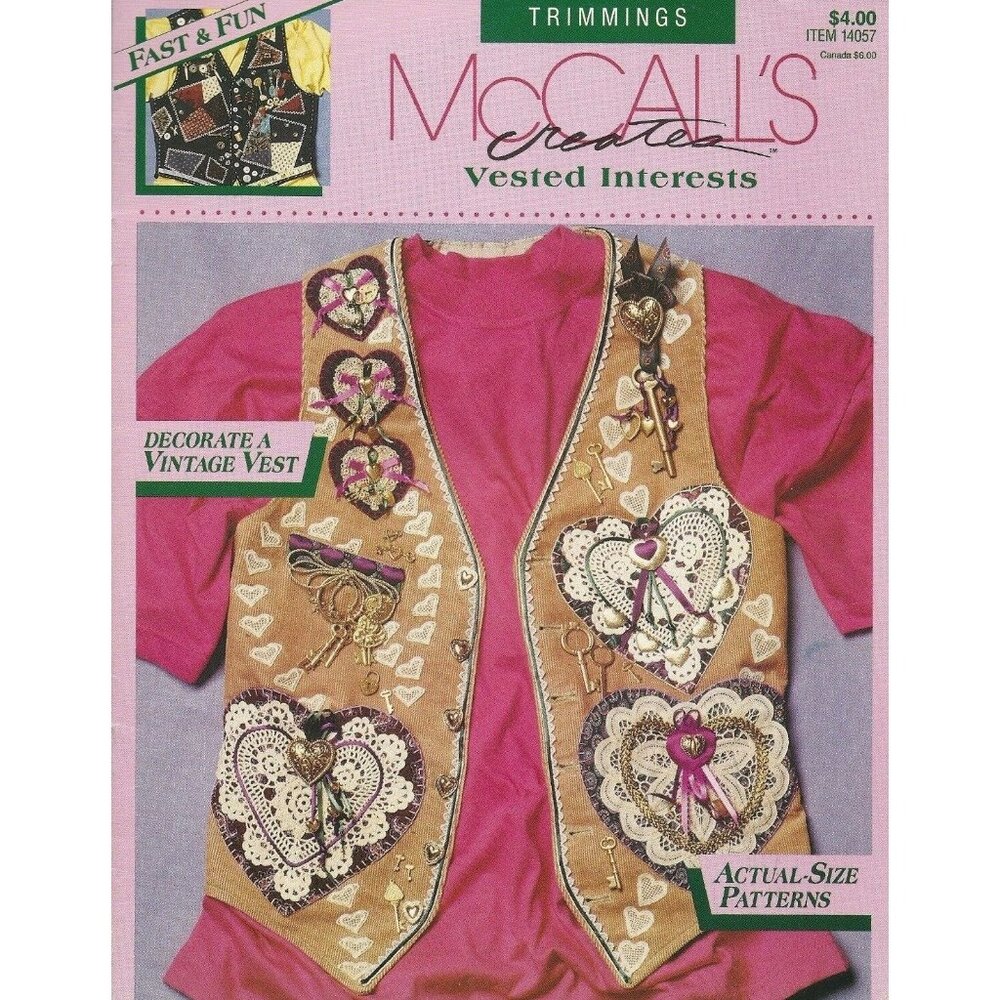 McCalls Creates Vested Interests 1992 Fast and Fancy Applique Full Size Pattern